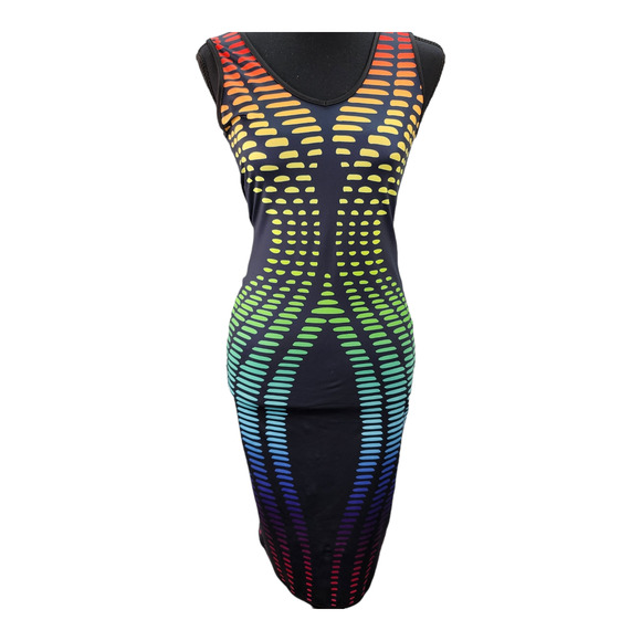 Y2K Bodycon Dress JR Medium Black Rainbow Dashes Dots Stretch Sexy Party Clubwea - Picture 2 of 15